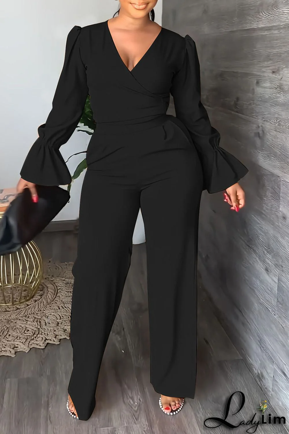 Tangerine Casual Solid Patchwork V Neck Long Sleeve Two Pieces