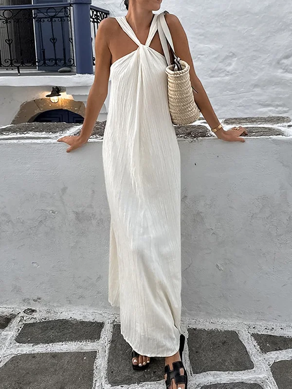 Solid Color Pleated Sleeveless Loose V-Neck Maxi Dresses