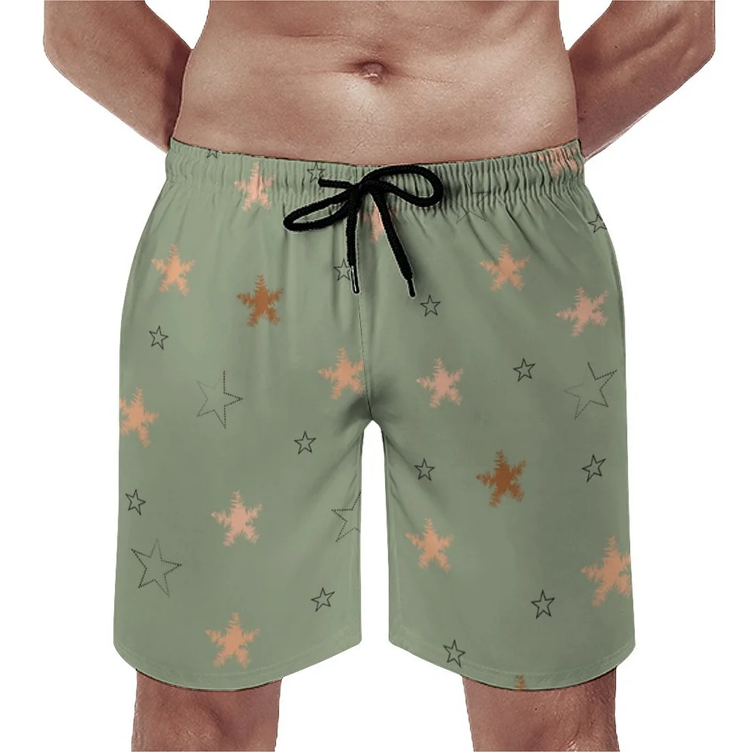 Green Aesthetic Star Snowflake Men's Swim Trunks Summer Board Shorts Quick Dry Beach Short with Pockets