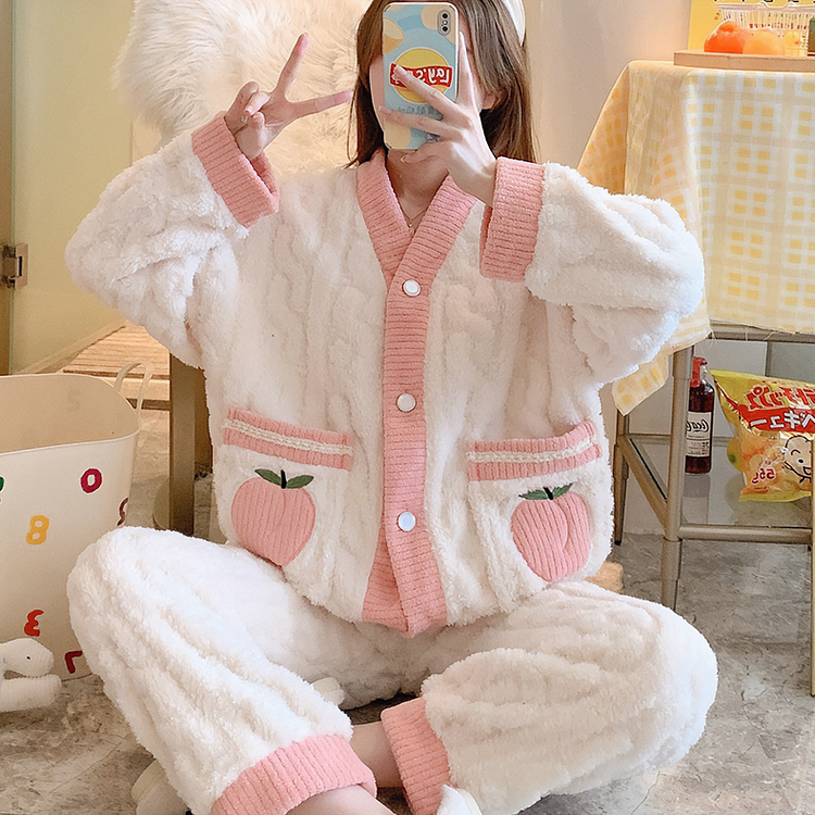 Sweet Fruit Color Fuzzy Pajama Set - Gotamochi Kawaii Shop, Kawaii Clothes
