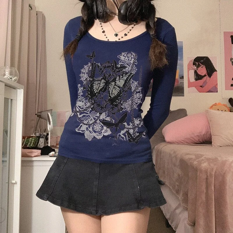 Xingqing Rhinestone Crop Tops Graphic Print Y2K Grunge Clothes Aesthetic Fairycore Retro Tee Vintage Harajuku Cute Tshirts