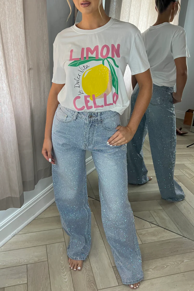 Rhinestone Embellished High Waist Wide Leg Straight Denim Jeans image 2