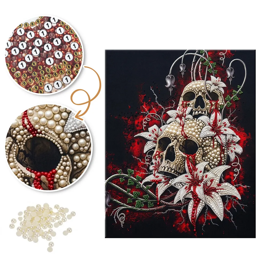 Skull with Red Roses and Lilies - Pearls Painting