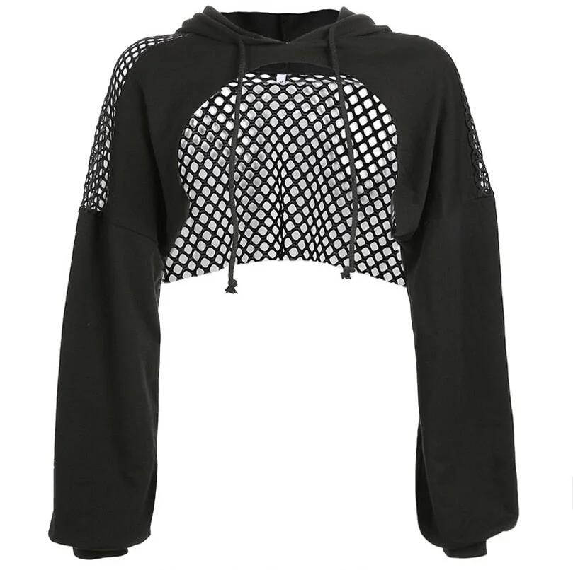 Summer Fashion Pullover Club Wear Streetwear Cropped Hoodie Women Sexy Mesh Fish Net Hooded Chest Hollow Sweatshirt Tops