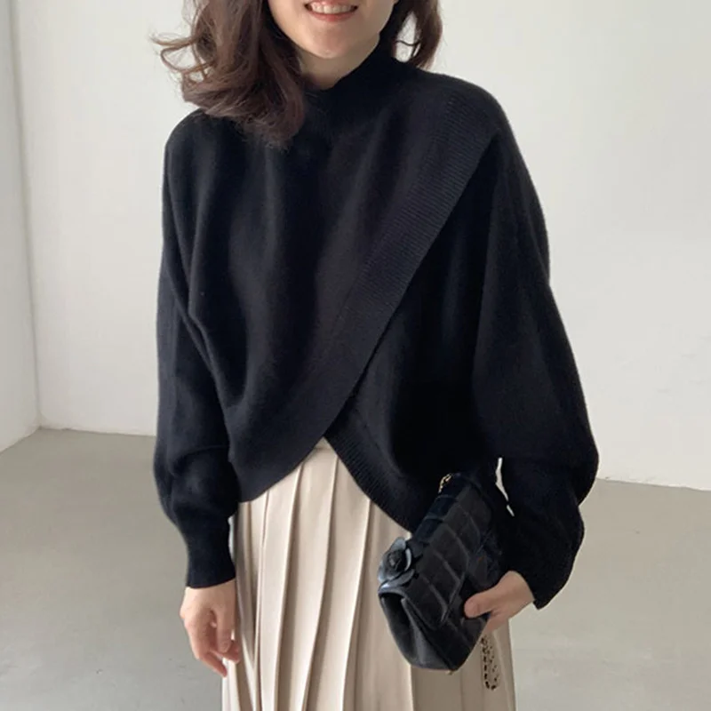 Loose Irregular Cross Knitted Sweater With Standing Collar