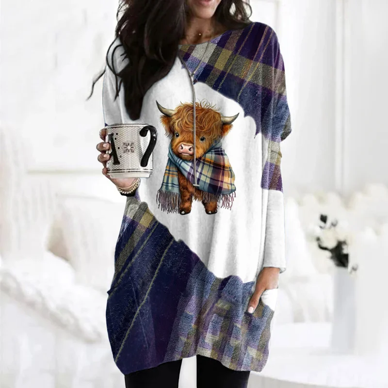 Women's Vintage Highland Cow In Purple Plaid Print Casual Tunic