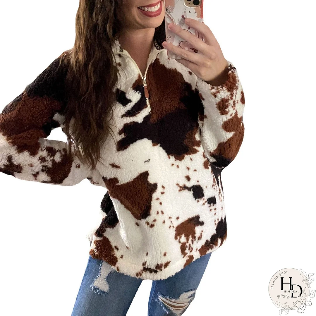 New Autumn and Winter Leisure Fashion Plush Coat Female Cow Printed Zipper Sweater