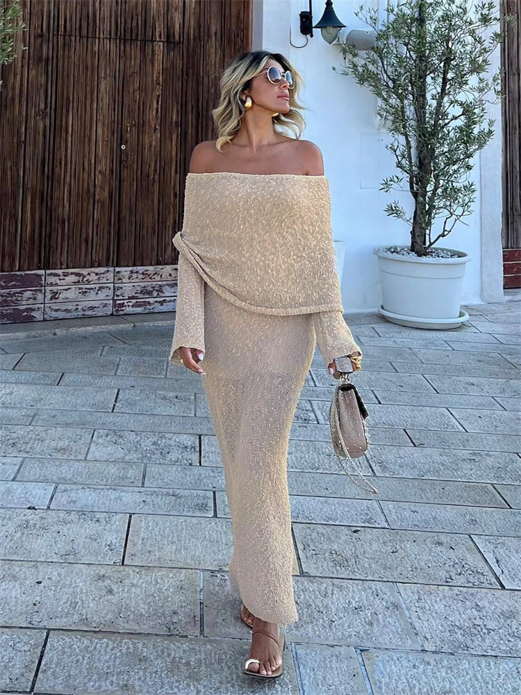 Ootddress Knit Sweater Loose Maxi Dress Female Hollow Out Summer Patchwork High Waist Beach Holiday Dress Knitwear Long Dress 2025