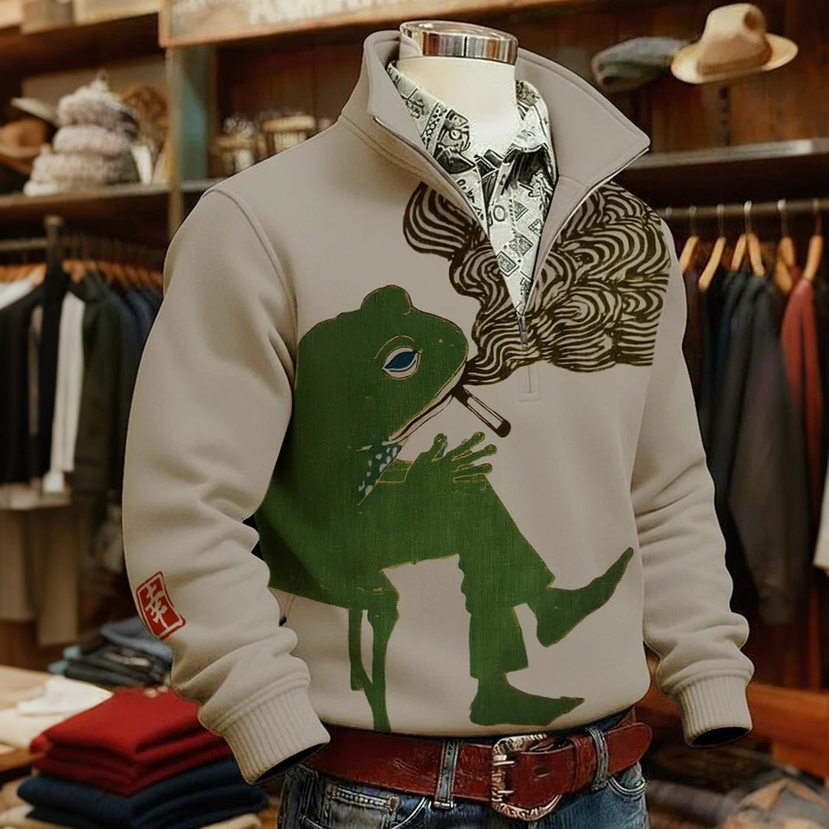 Men's Japanese Art Frog Pattern Quarter Zip Sweatshirt  artssus
