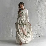 Women's Rose Printed Art V-neck Long Sleeve Maxi Dress - Image 2