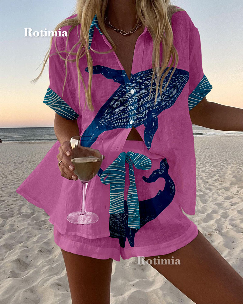 Stylish Whale Print Resort Style Two-Piece Set