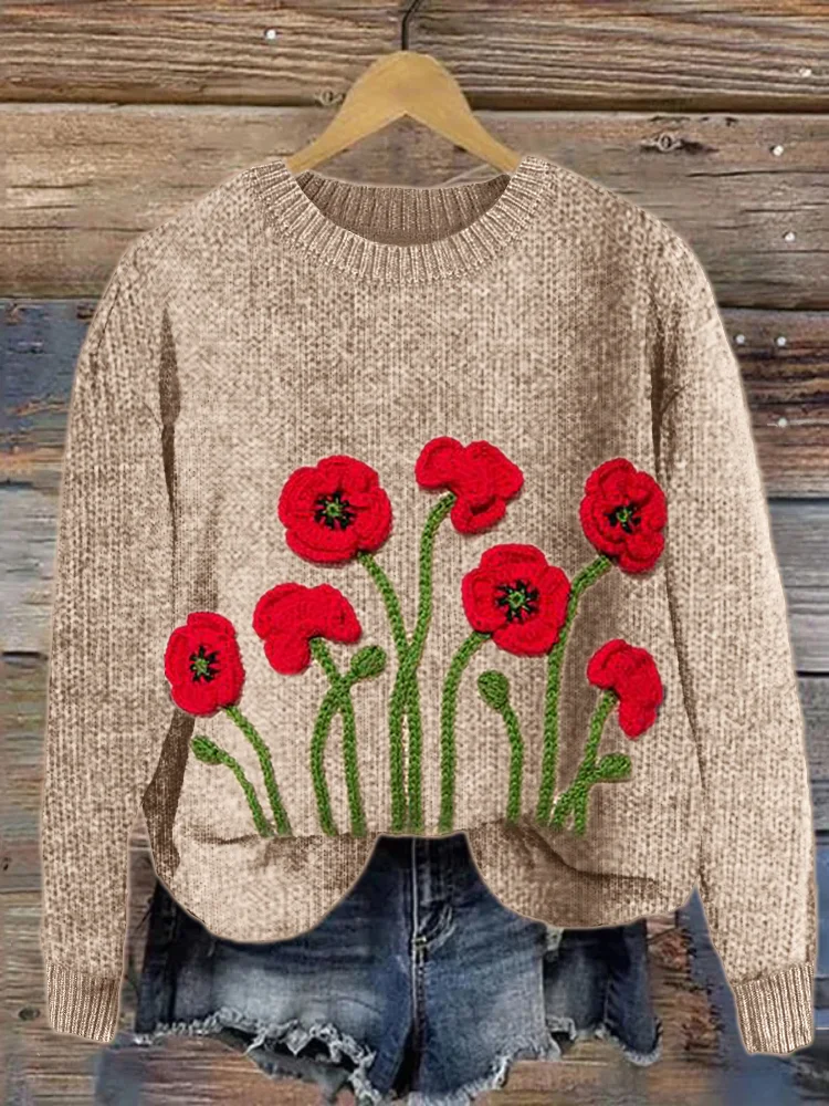 Poppy Flowers Crochet Art Cozy Knit Sweater