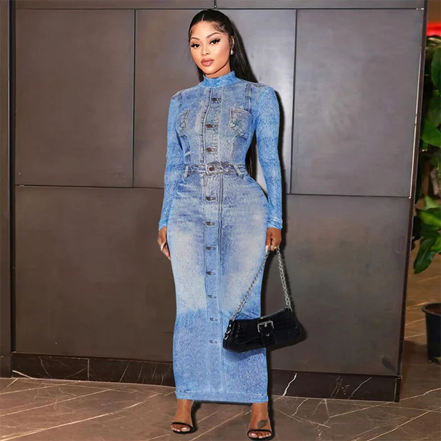 Women Long Sleeve O-Neck Fake Jean 3D Printed Bodycon Midi Maxi Dress 2023 Sexy Clubwear Evening Party Dresses Vestidos