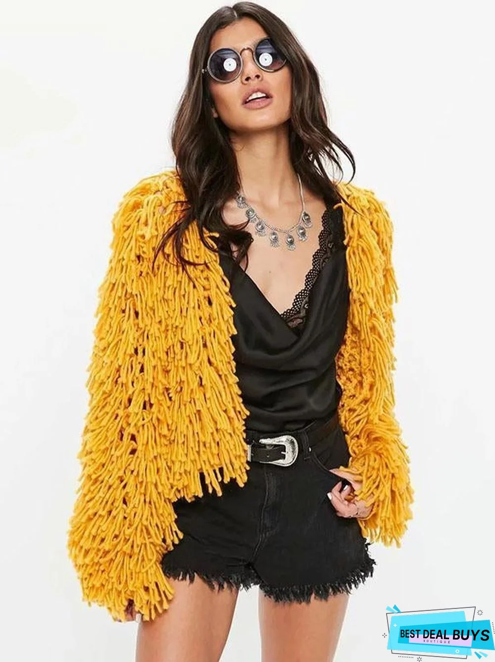 Knitting Solid Color Hollow Tasseled Long Sleeve Tops