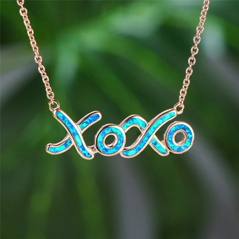 Female Blue White Opal Pendant Necklace Rose Gold Silver Color Chain Necklaces For Women Luxury Letter XOXO Wedding Necklace