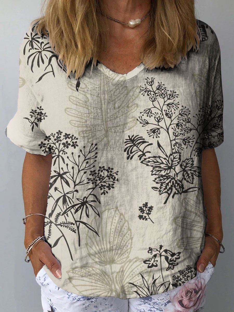 Women's Flowers Print Casual Cotton And Linen Shirt