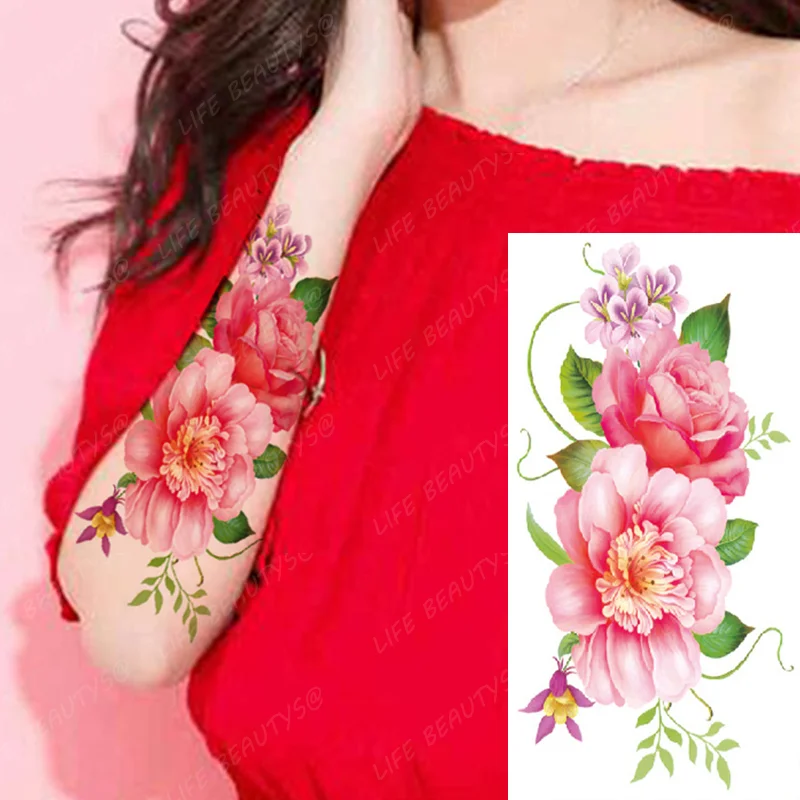 Sdrawing Transfer Pink Henna Rose Flower Temporary Tattoo Sticker Butterfly Pattern Body Art Waterproof Fake Woman's Flash Tattoo