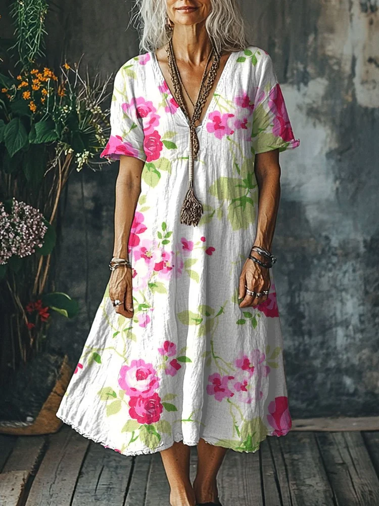 Women's  Flowers Art Print Pocket Cotton Dress