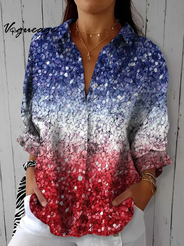 Color Block Sequin Printed Cotton And Linen Shirt