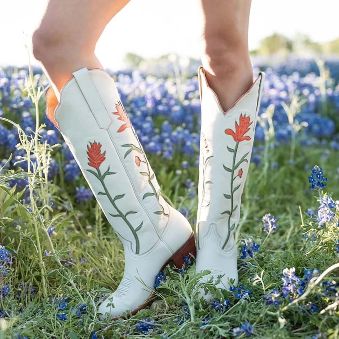YDN Women's White Chunky Heel Knee High Flower Cowboy Boots