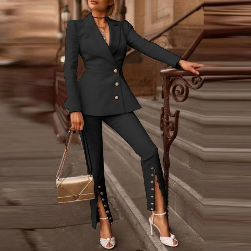 Women Long Sleeve Lapel Suit 2022 Casual Blazer Ropa De Mujer Jackets VONDA OL Office Formal Coats Long Trousers Suits 2PCS