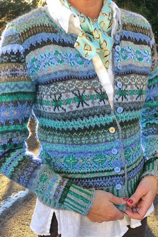 Vintage Ethnic Button Wavy Jacquard Sweater Cardigan