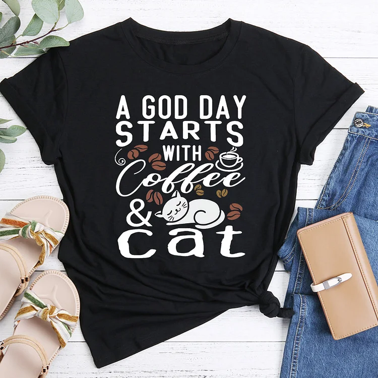 ANB -  A Good Day Starts With Coffee & Cats T-shirt Tee -08100