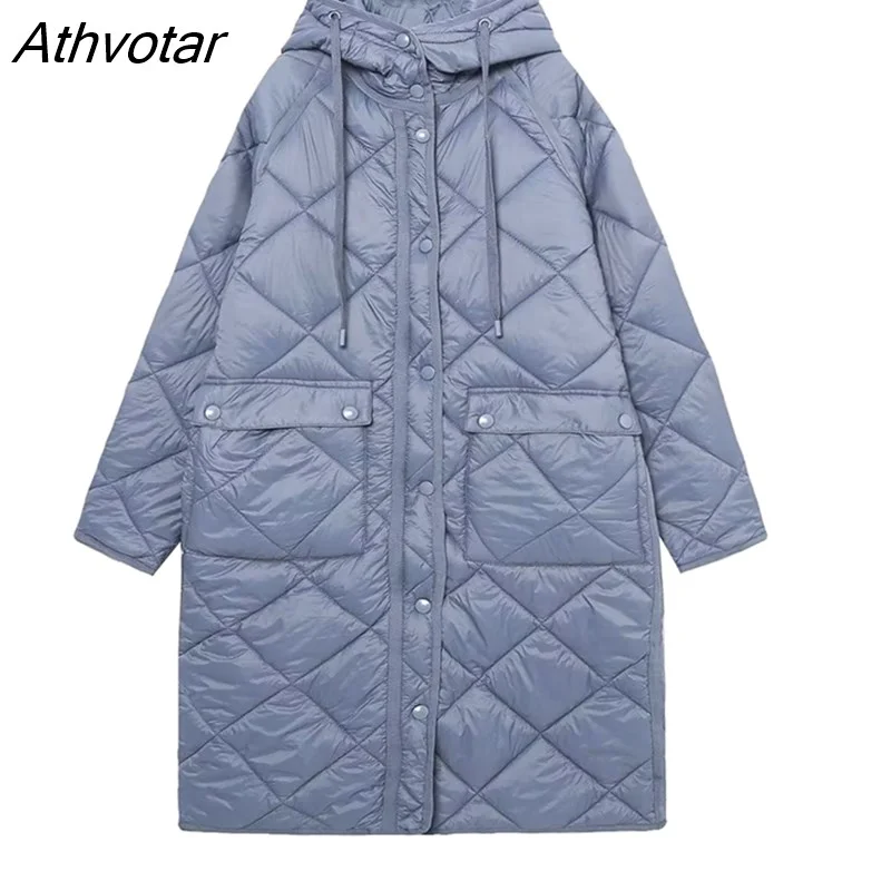 Athvotar Women Vintage Oversize Long Hooded Parkas 2023 Autumn Winter Long Sleeve Buttons Pockets Female Warm Coat