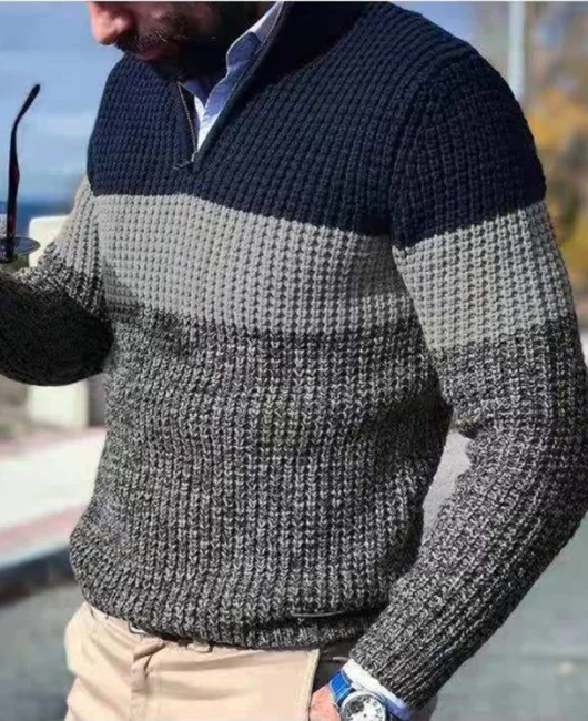 Half Placket Zipper Colorblock Rib Knit Long Sleeve Sweater Okaywear