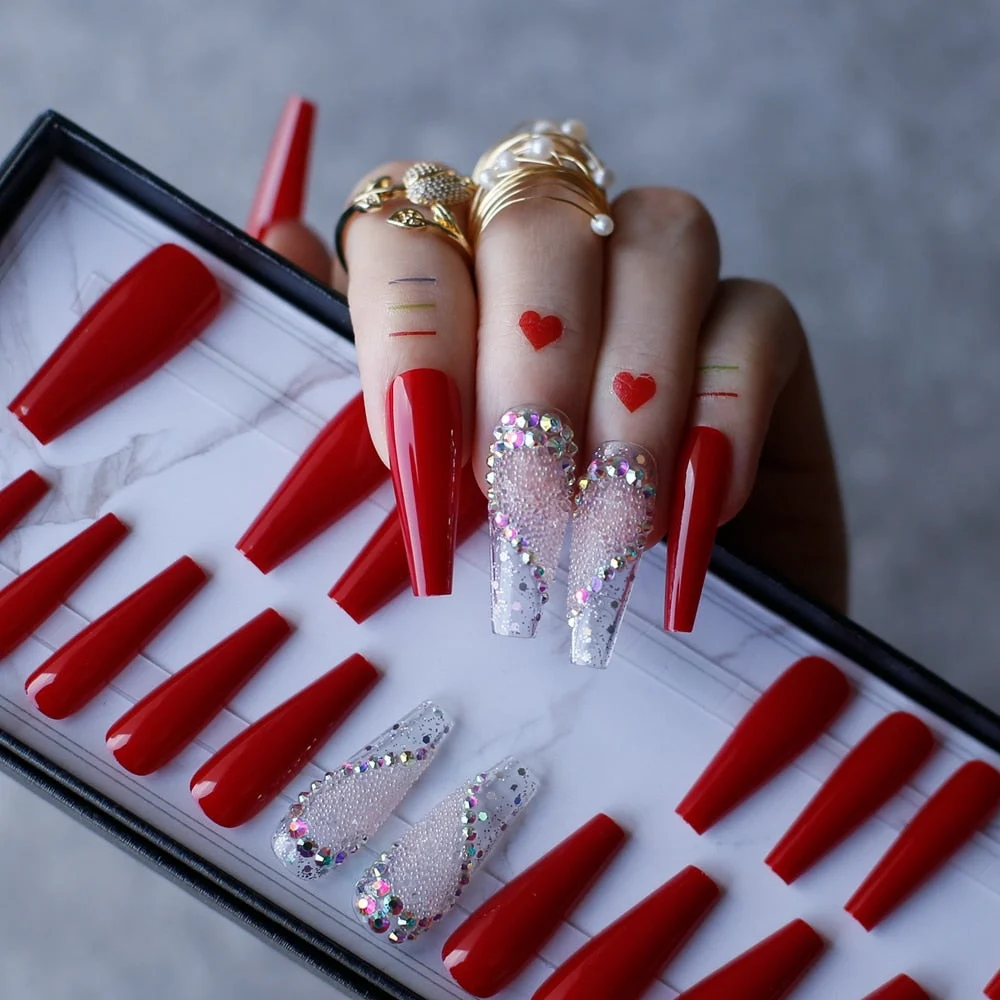 Valentine nails Luxury Coffin Love nails Red Acrylic False nails Logo customization Pink caviar AB Glitter transparent nail gel-Nail Inspo