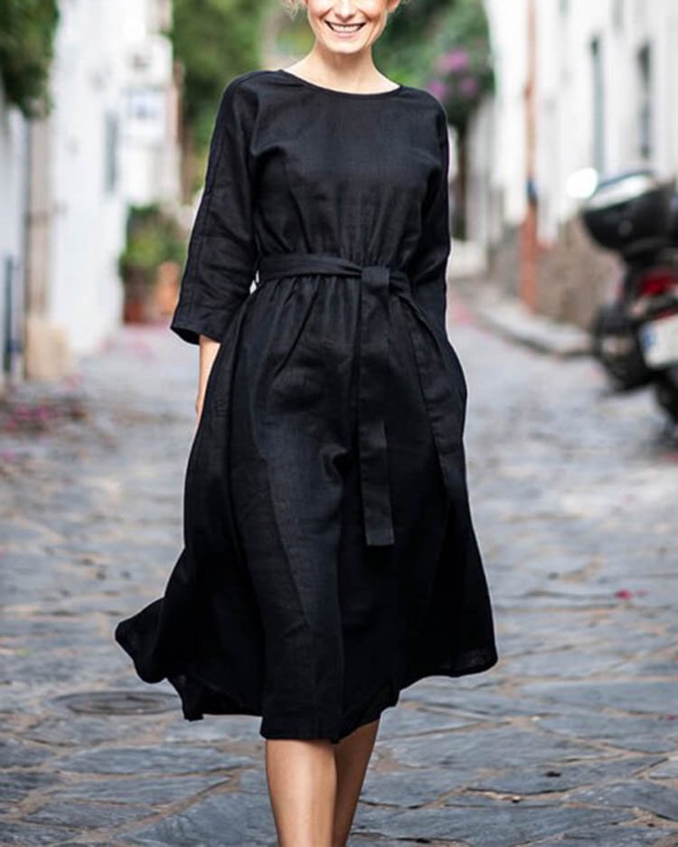 Casual Solid Color Round Neck Tie Linen Dress