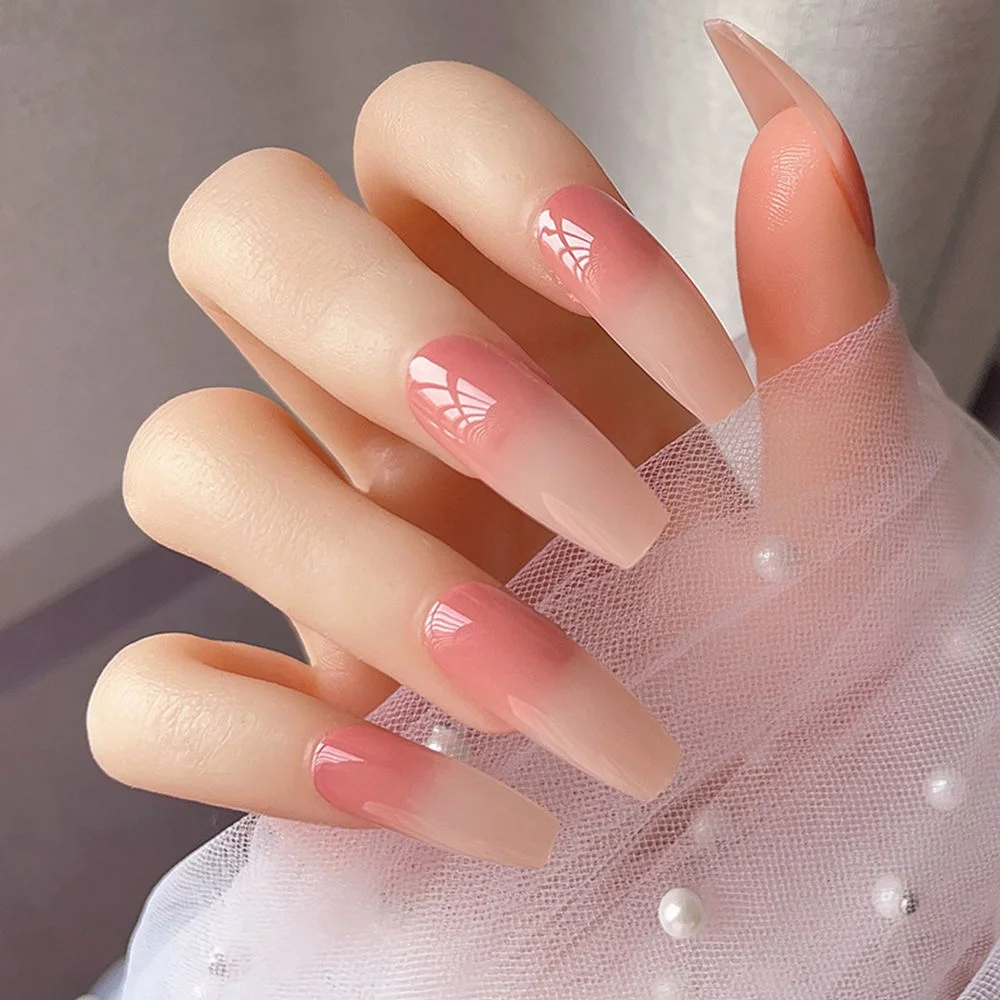 24pcs Detachable Glossy Ombre Pink French Ballerina Coffin False Nail Press on Ballet Fake Nails Tips Reusable Wear Full Cover-Nail Inspo