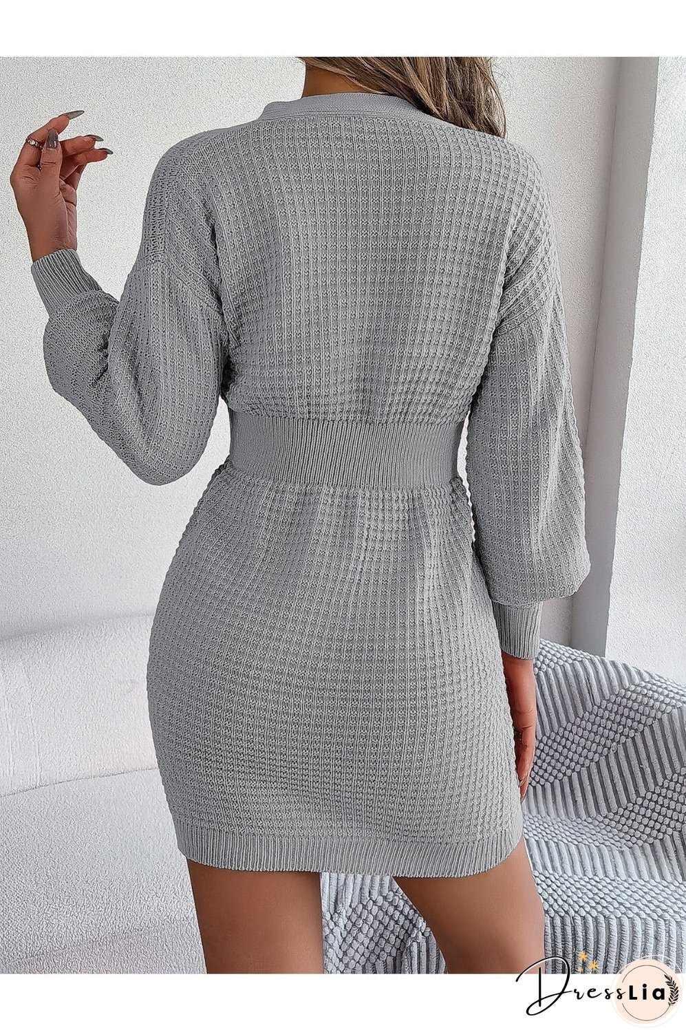 Buttoned Cable-Knit V-Neck Sweater Dress
