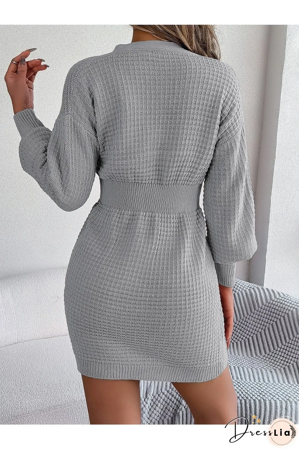 Buttoned Cable-Knit V-Neck Sweater Dress