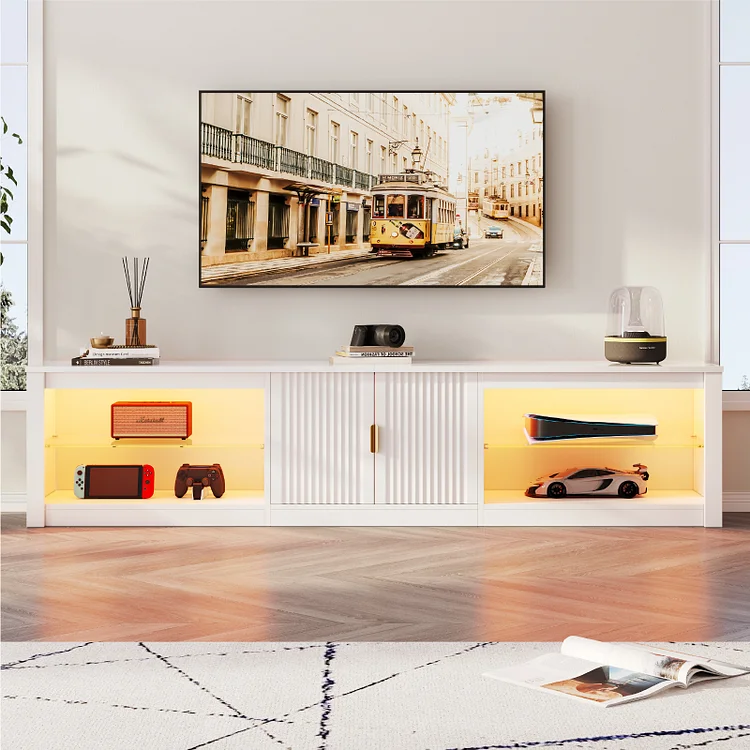 Bestier 80 inch TV Stand for TVs up to 85", High Gloss Entertainment Center with LED Lights & Storage Cabinet