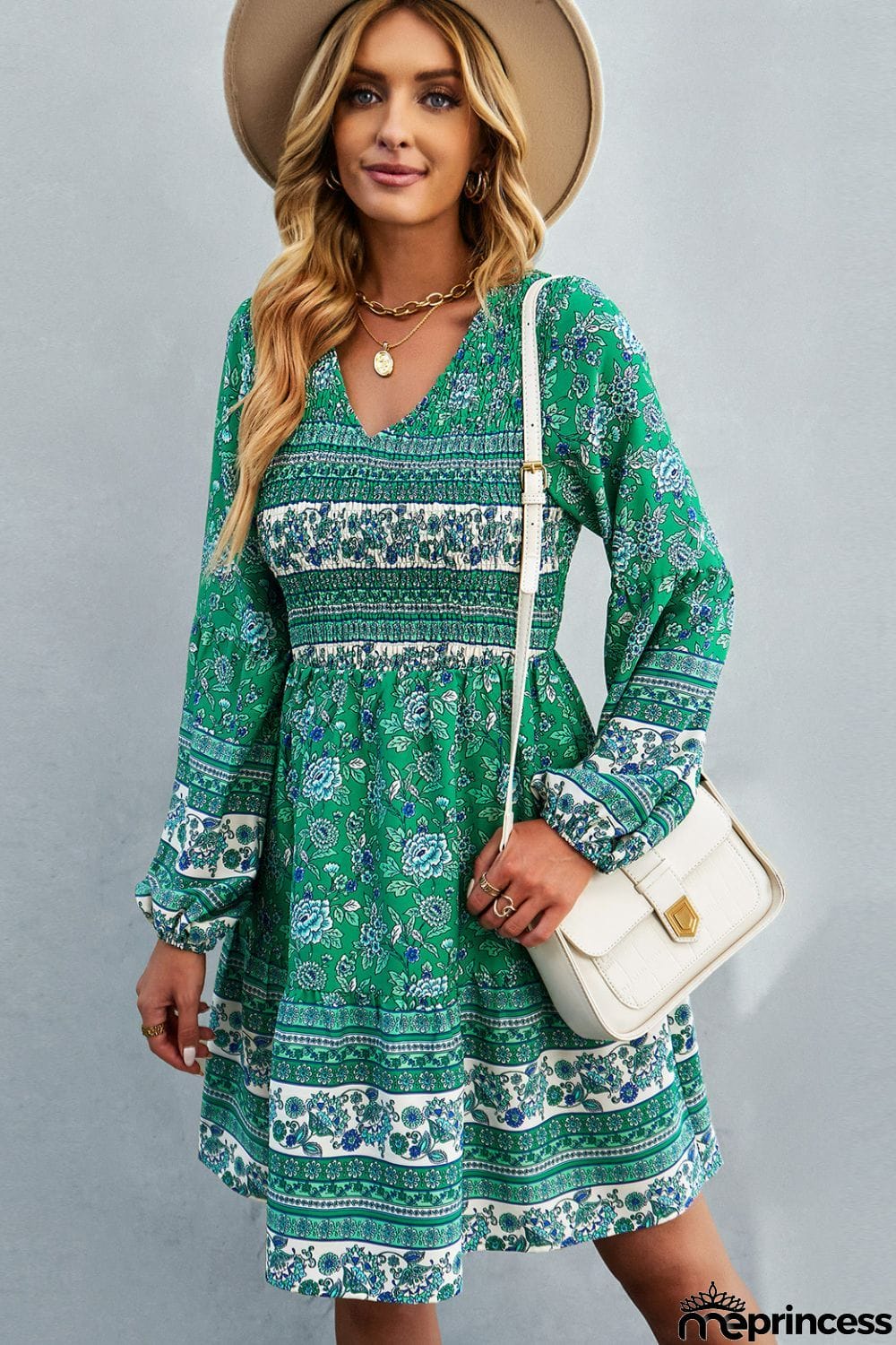 Bohemian V-Neck Balloon Sleeve Dress