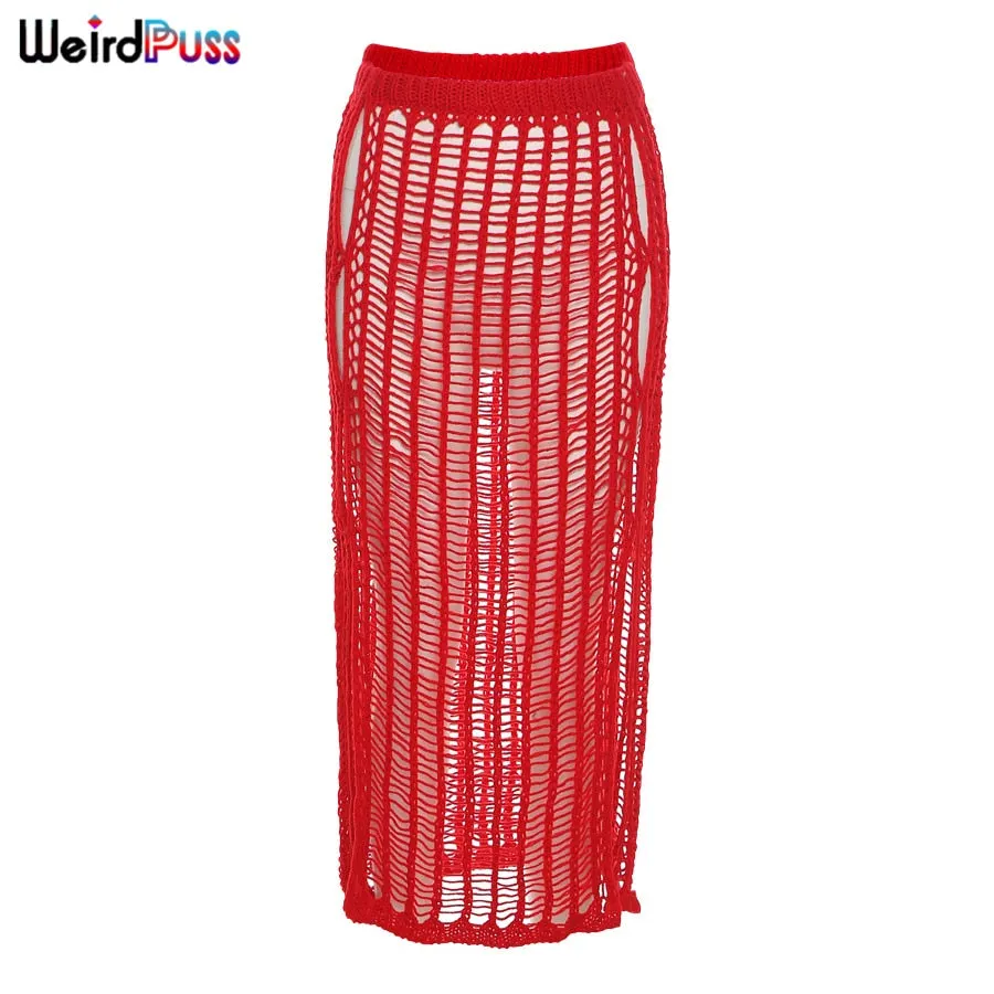 Weird Puss Summer Knitting Sexy Long Skirt Women Elastic See-Through Hollow Out Grid Party Streetwear Bottom Solid Color Outfits