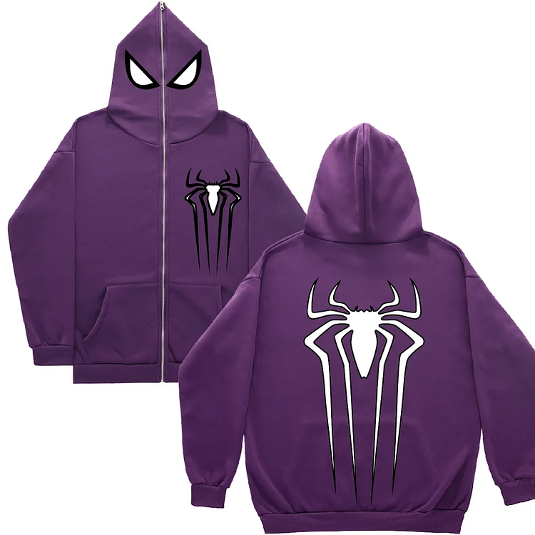 Gothic Spider Print Full Zip Up Hoodie Loose Sweatshirt at Hiphopee