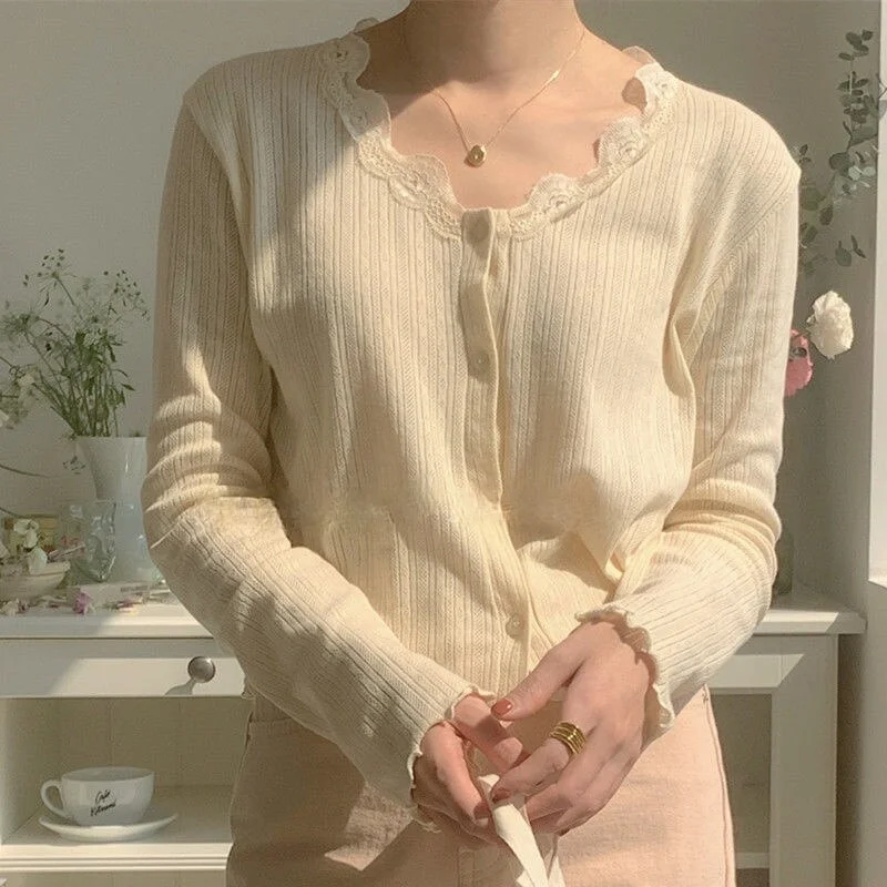 Women Solid Cardigan Gentle Lace Single Breasted Soft Slender Knitwear Sun-proof Crop Top Teenagers Leisure Females Sweaters New