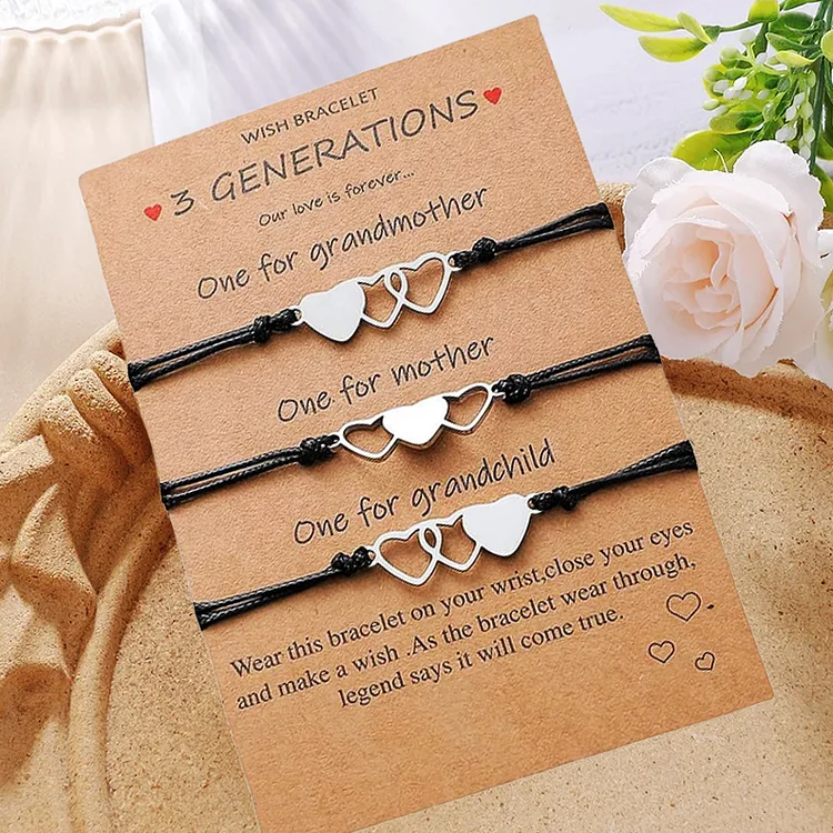3 Pcs Heart Bracelet Set, Adjustable 3 GENERATIONS Bracelets Gift With Gift Card Set For Kids/Mother/Grandma for Nan