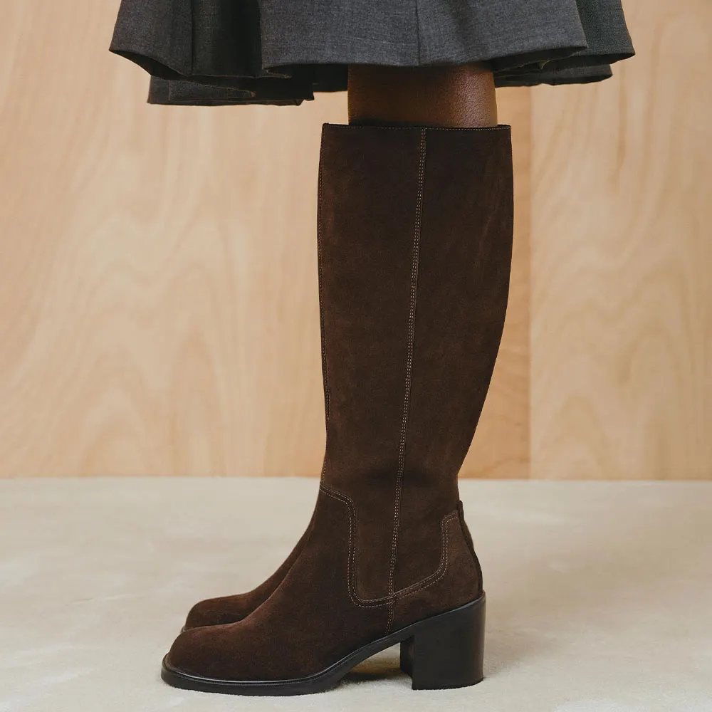 Vegan Suede Square Toe Zipper Block Heel Tall Boots in Dark Brown