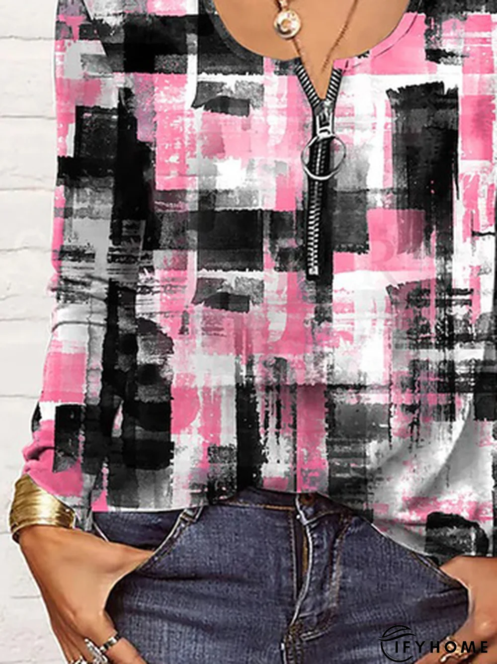 Abstract Color Block Long Sleeve Zipper Notched Casual T-Shirt | IFYHOME