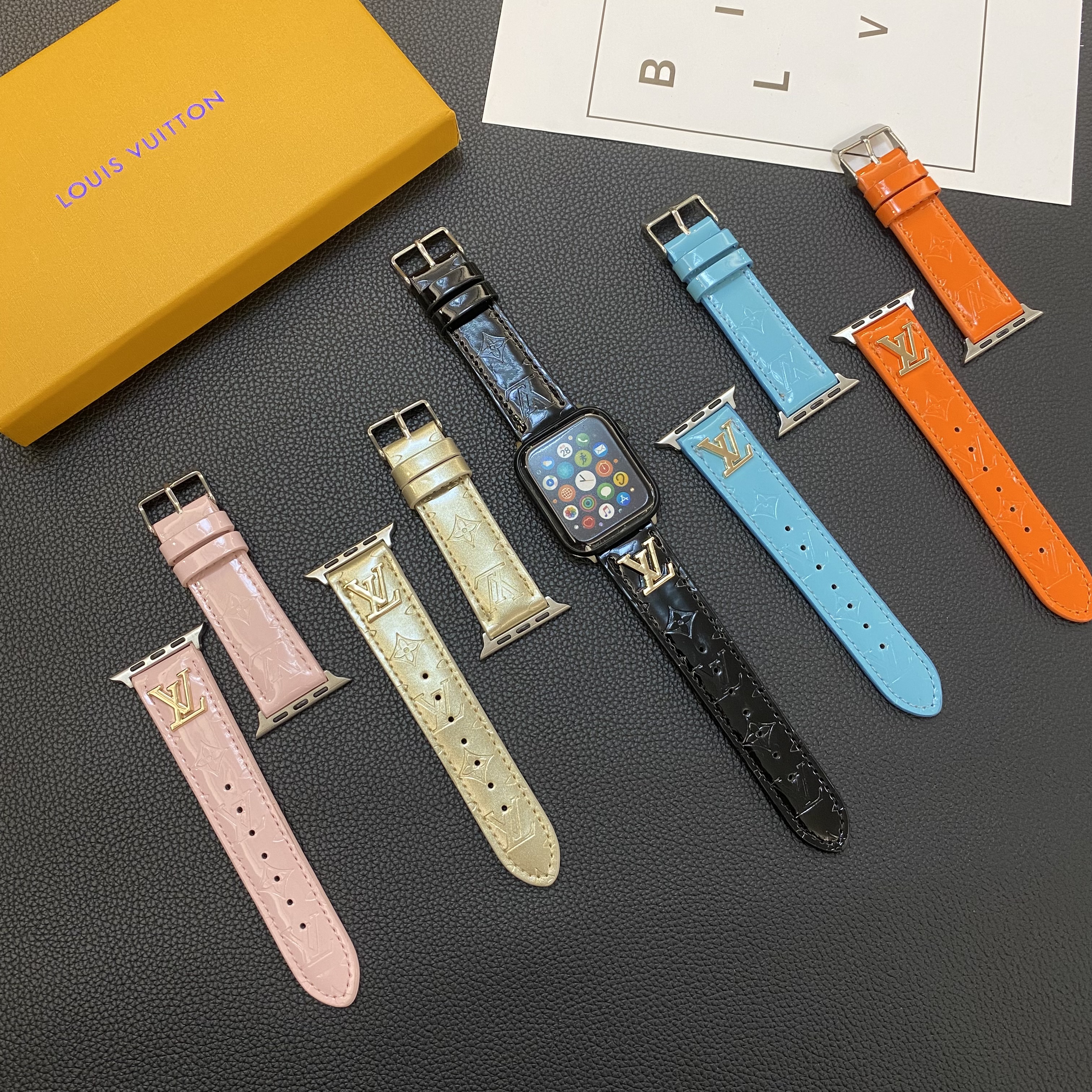 LV Glossy Leather Apple Watch Strap Luxury Metal Logo
