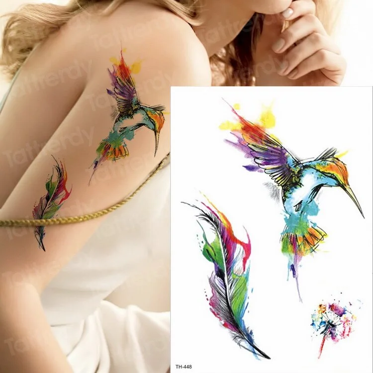 Watercolor Hummingbird Temporary Fake Tattoo Body Art Sticker Waterproof Hand Bird Tattoo for Women Arm Men Tattoos Water Color