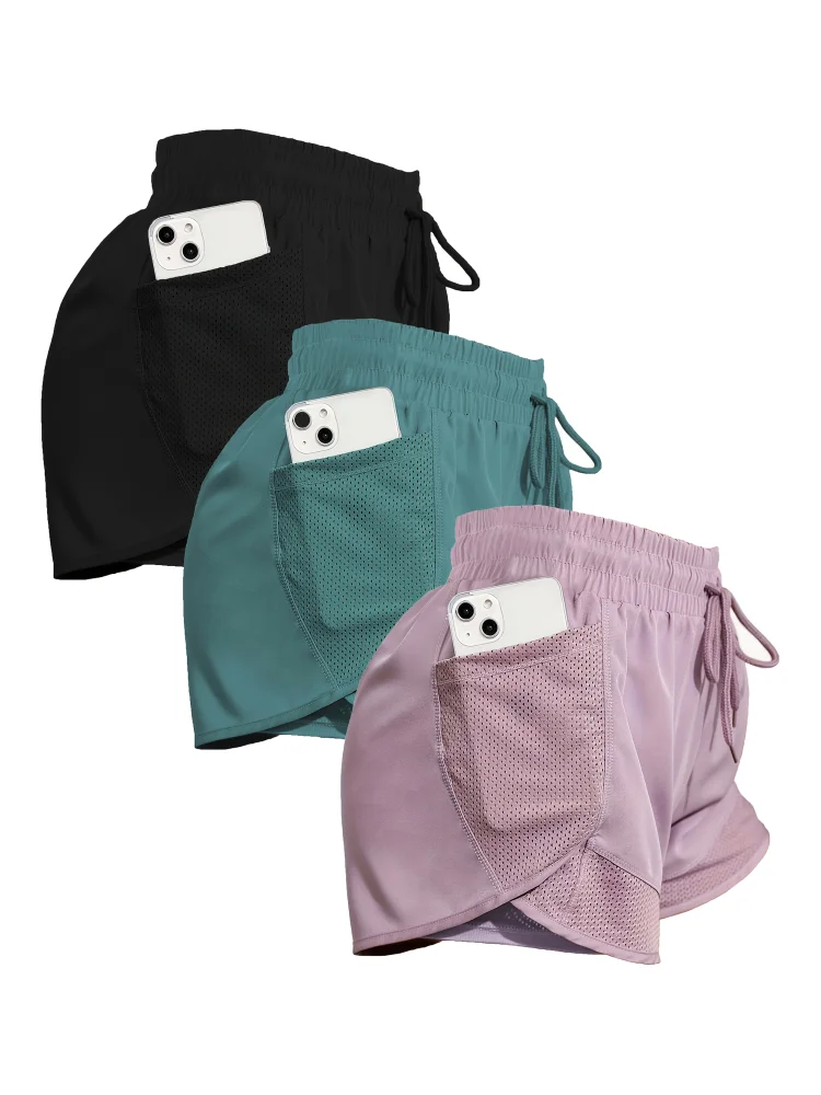 3pcs Women's Athletic Tennis Shorts With Pockets - Breathable Polyester Blend, Elastic Waistband & Side Pockets For Running, Gym, Summer Sports - Black/White/Grey, Active Clothing | Solid Color Design | Comfortable Fit