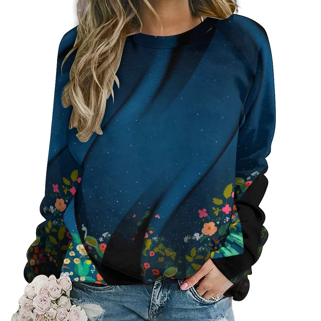 Printed Long Sleeve Casual Sweatshirt for  Women and Men Unisex Pattern Floral, Dark Blue, Pink