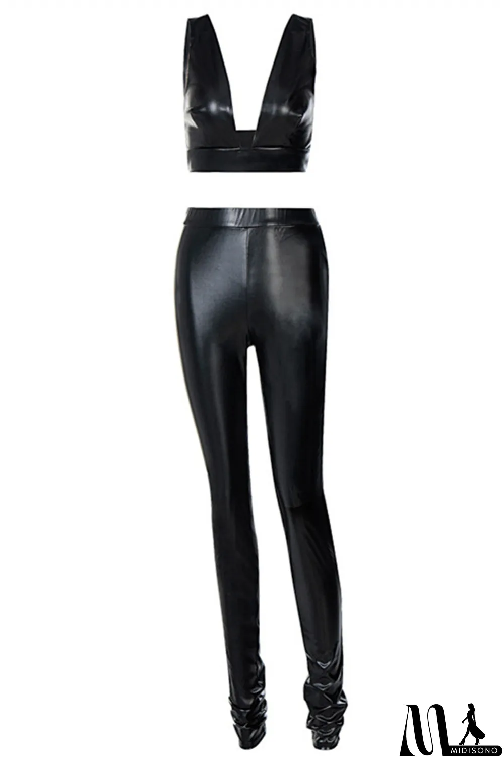 MidiSono - Black Fashion Sexy Solid Backless V Neck Sleeveless Two Pieces