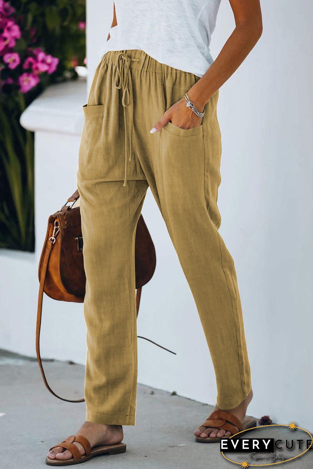 Khaki Casual Drawstring Elastic Waist Pants with Pockets