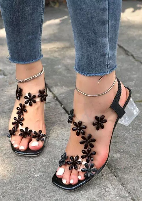 Floral Square Toe Heel Sandals - Black