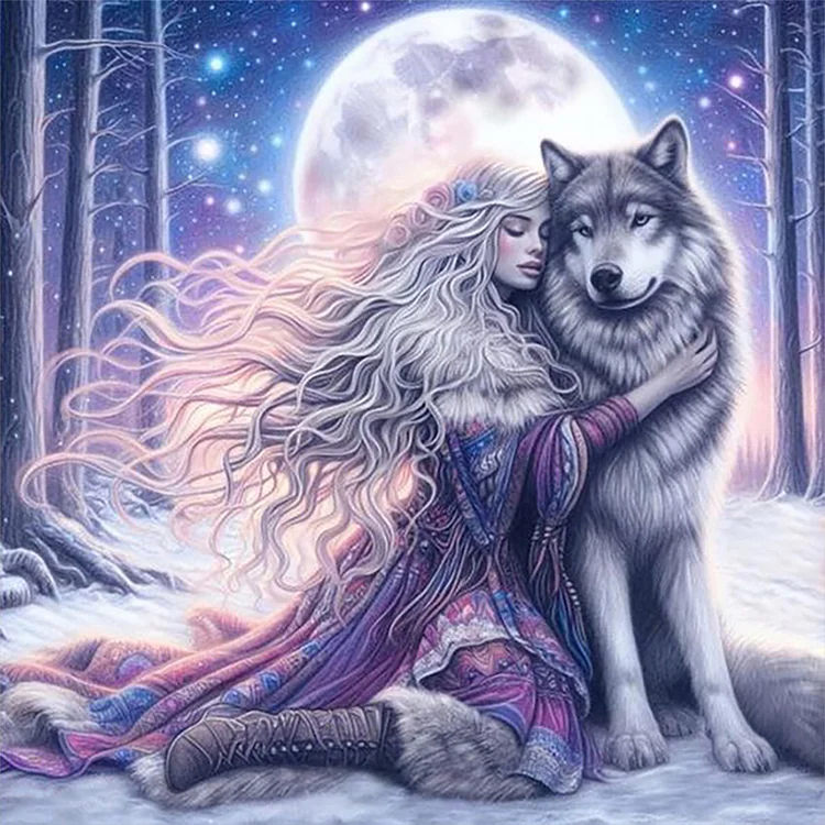 Full Round Diamond Painting - Wolf And Woman 50*50CM